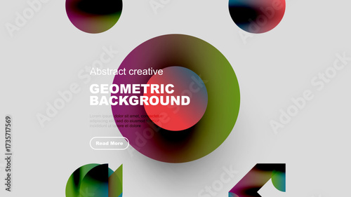 Modern design features vibrant overlapping circles, text, button. Minimalist aesthetic with dark background, bright colors. Geometric shapes create dynamic composition.