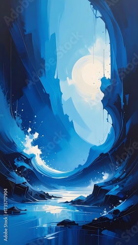 Abstract blue cave with light at the end, reflection in water scenic painting