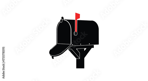 Simple black and white illustration of a classic mailbox with red flag