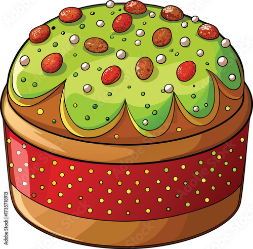 Christmas Panettone Celebration tall golden bread with red decoration and nuts