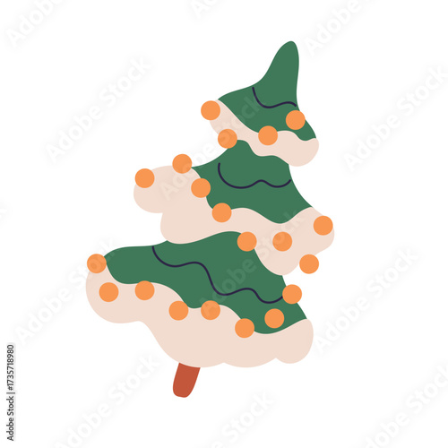 Christmas tree. Xmas fir, winter holiday spruce with snow and festive light g...