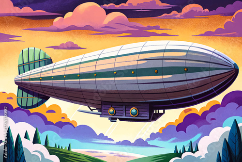 "Light gray vintage airship standing out against a clean plain sky background, highlighting classic design details, illustrated in professional high-quality vector style, ideal for stock imagery