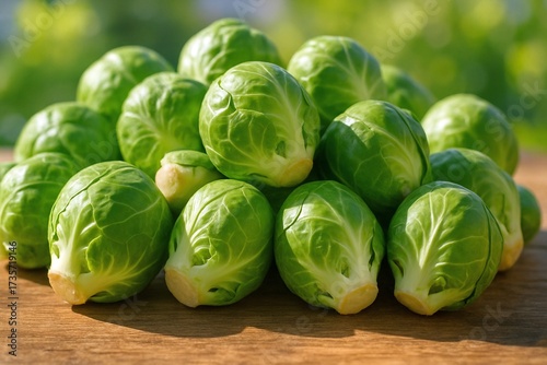 Freshly harvested Brussels sprouts piled on rustic wooden surface under bright natural sunlight in garden setting