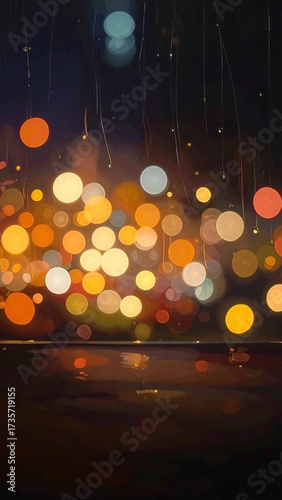 Abstract city night lights with bokeh effect reflecting on water surface painting