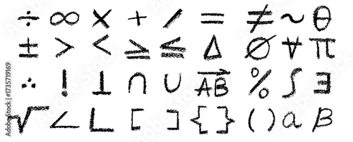 Vector collection of mathematical icons with algebra signs, triangle, cross, and intersection symbols. Artistic pastel spray effect with paint texture for school board study illustration set.