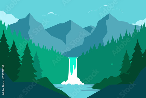 Serene mountain landscape with a cascading waterfall and lush green forest