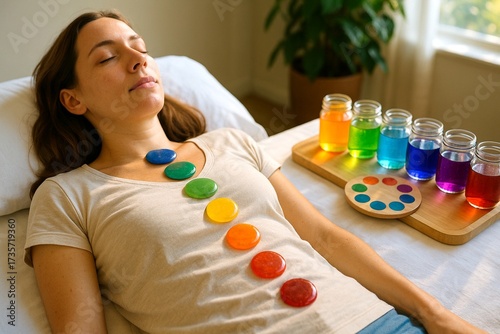 A serene young woman lies on a bed with colorful chakra stones placed along her body surrounded by jars of colored liquids for energy healing