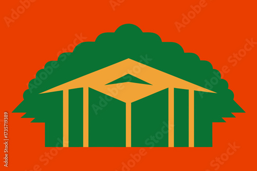 Stylized green tree with orange roof and pillars against orange background