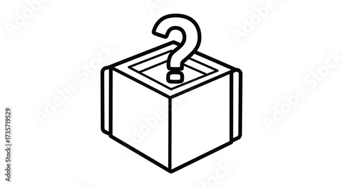 A simple black and white illustration of a question mark on a cube