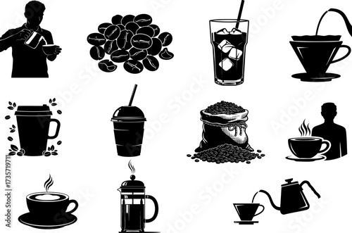 Diverse Coffee Drinks, Beans, and Brewing Icons Vector Silhouette Set