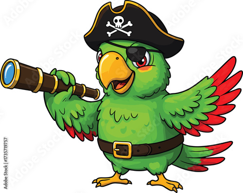Cartoon green parrot pirate character, tropical bird with telescope, pirate hat skull crossbones, eye patch, colorful feathers, children’s illustration, adventure mascot, fantasy animal art