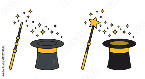 A pair of black magician s hats with wands and sparkling stars