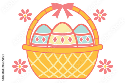 Easter basket full of decorated eggs with flowers celebratory spring holiday