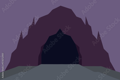 Dark cave entrance in a rocky mountain under a purple sky