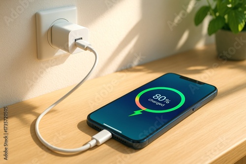A smartphone plugged into a wall charger displays eighty percent battery level on its screen while resting on a wooden surface near a potted plant