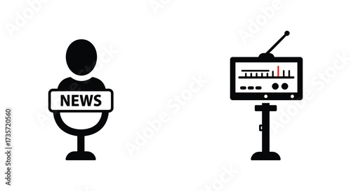 Simple icons depicting a news reporter and vintage television set
