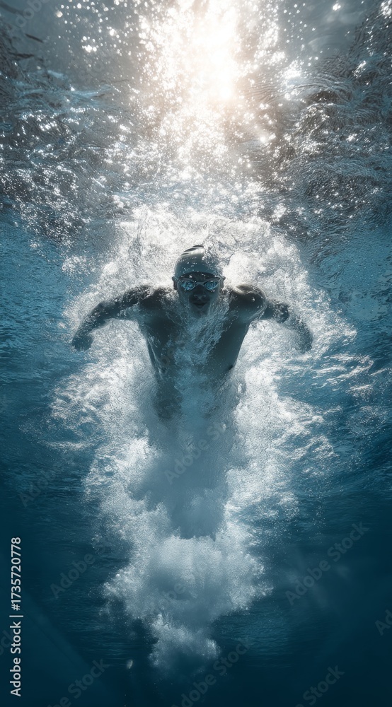Fototapeta premium Elite Swimmer Performing Butterfly Stroke in Explosive Motion, Splash Trails and Light Streaks, Cinematic Lighting, Vibrant Colors, High Detail for Sports Advertising Concept