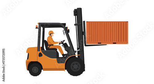 Forklift lifting a shipping container worker in orange helmet visible