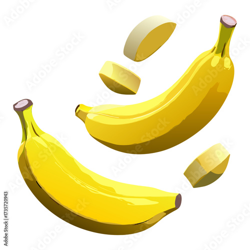 A vibrant, hyper-realistic composition of ripe yellow bananas with perfectly sliced banana pieces floating in mid-air, soft natural lighting, ultra-detailed textures, realistic shadows, crisp focus, t