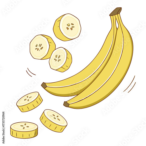 A vibrant, hyper-realistic composition of ripe yellow bananas with perfectly sliced banana pieces floating in mid-air, soft natural lighting, ultra-detailed textures, realistic shadows, crisp focus, t