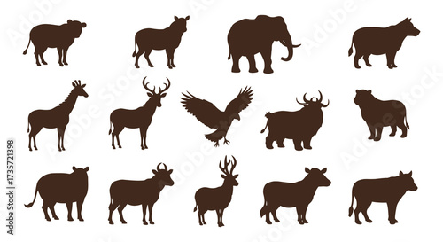 Collection of african wildlife silhouettes including elephants deer and birds