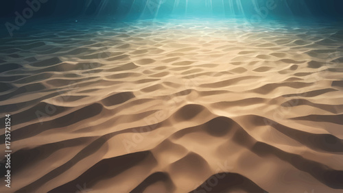 Underwater Sand Dunes with Light Beams Shining Down from the Ocean Surfac