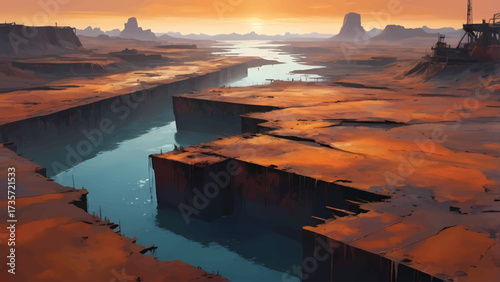 Epic Sci-Fi Canyon Landscape with Rusted Industrial Structures and Narrow River