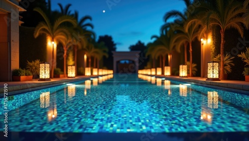 Glistening mosaic pool under lantern light.