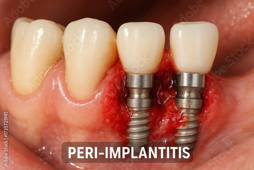 Inflamed gum tissue surrounding dental implants indicating a serious oral health condition requiring immediate professional attention