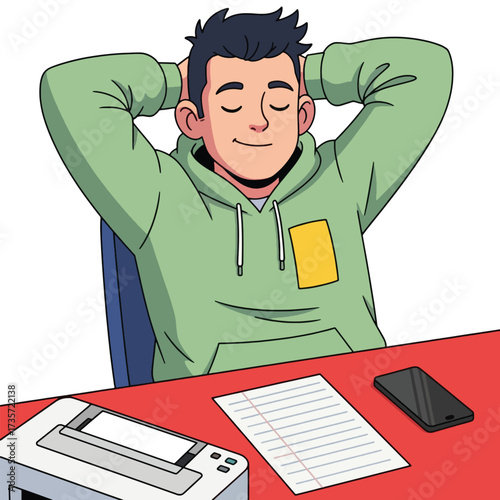 Man relaxing at desk with printer, phone, and paper isolated on white background