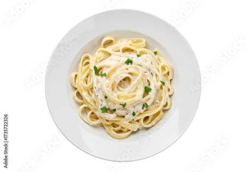 Wall Mural Creamy fettuccine alfredo pasta isolated on white, classic Italian comfort food