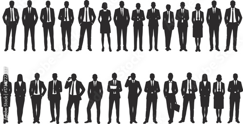 Business professional silhouette set, corporate team illustration, diverse poses graphic, office attire icons, leadership concept, vector design, black and white style