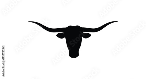 Simple black silhouette of a longhorn bull s head against a white background