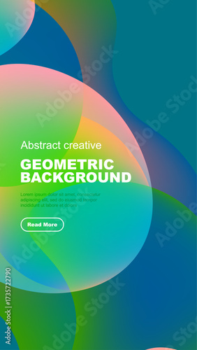Fluid shapes, vibrant colors create modern abstract background. Text block, button present. Design feels dynamic, fresh.