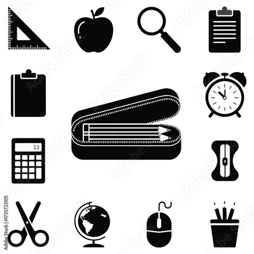 Back to School Education Stationery Supplies Black Vector Icon Set
, back to school icons