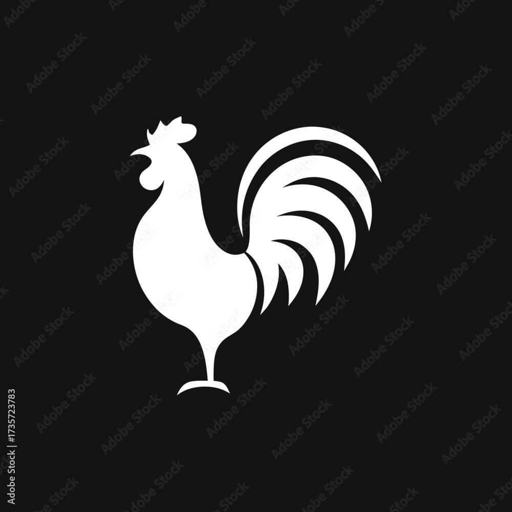 Obraz premium Modern rooster white silhouette vector, featuring a chicken logo on a black background, ideal for agricultural, food, and farm related brands and identities.