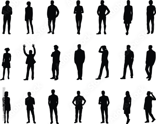 Human silhouette icon set, diverse standing poses, body gesture illustration, black and white design, character reference graphic, vector style, posture concept