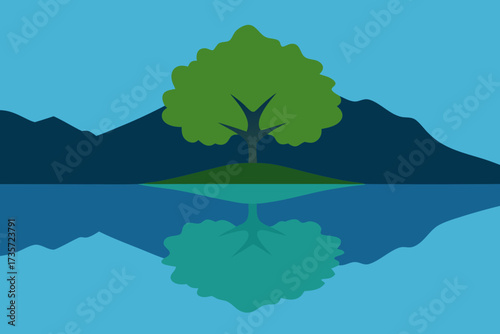 Serene landscape with a lone tree on an island reflected in calm water