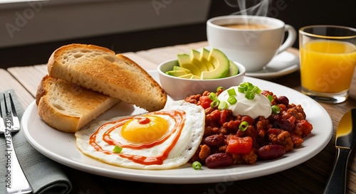 Hearty Breakfast Platter with Toast, Eggs, and Chili.