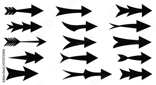 Collection of different black arrow shapes pointing in various directions shown