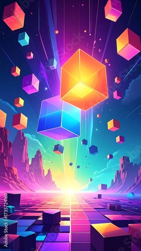 Abstract landscape with floating cubes and vibrant colors evoking dreamlike futuristic scenery