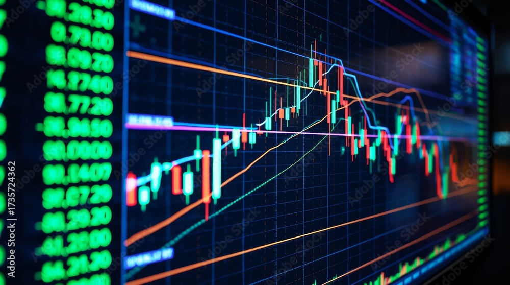Fototapeta premium A highly detailed, wide-angle, and dynamic shot of a complex digital financial trading interface displayed on a large, dark monitor screen.