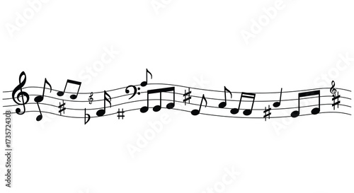 A flowing musical staff with various notes and symbols presented