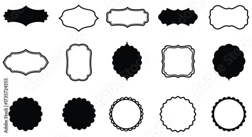 Collection of various black and white decorative frame shapes displayed