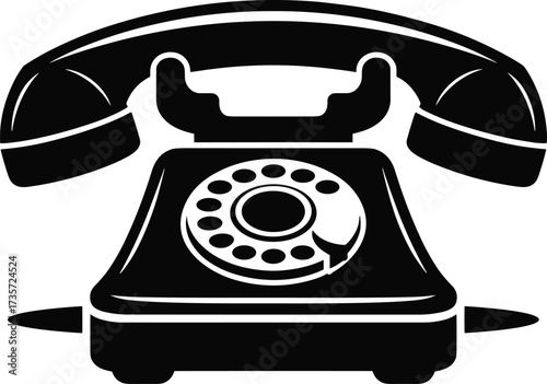 Vintage rotary telephone icon, retro communication device silhouette, classic phone graphic, black and white design, telecommunication history, vector illustration, antique style