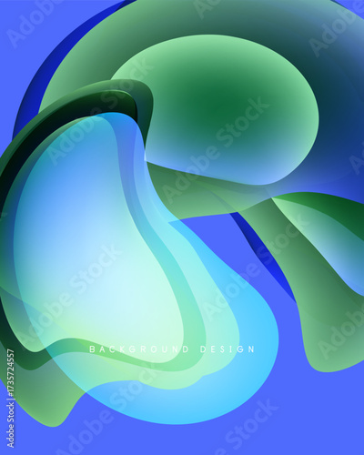 Abstract fluid shapes overlap, creating vibrant blue, green gradients. Smooth transitions suggest movement, depth. Modern design element.