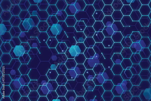 Dark hexagon abstract technology background with blue colored bright flashes under hexagon. Hexagonal gaming vector abstract high