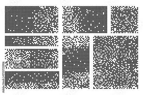 Pixel disintegration effect .Dispersed pixel background set gradient disintegration and geometric transition shapes illustation.Vecto