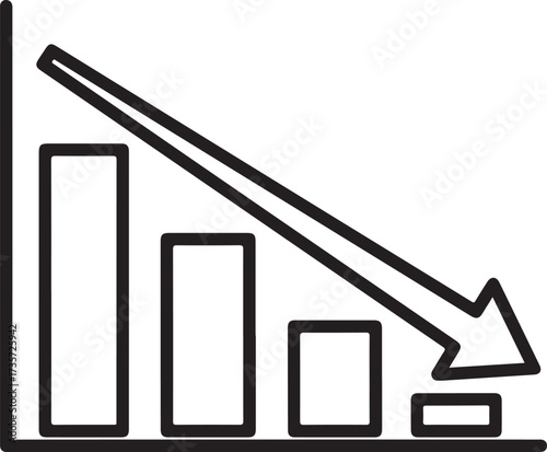 Illustration of bar chart showing a downward trend with a arrow, isolated on white background