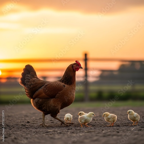 Mother Hen and Chicks at Sunrise.